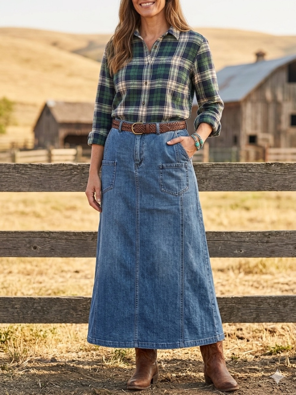 Orvis Denim Maxi Skirt Size 14 Blue 100% Cotton Paneled A-Line Back Slit